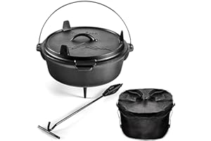Uno Casa 6Qt Cast Iron Camping Dutch Oven with Lid Lifter and Storage Bag - Pre-Seasoned Outdoor Dutch Oven for Campfire Cooking, Stews, and Baking - Durable Cast Iron Pot for Camping and Hiking