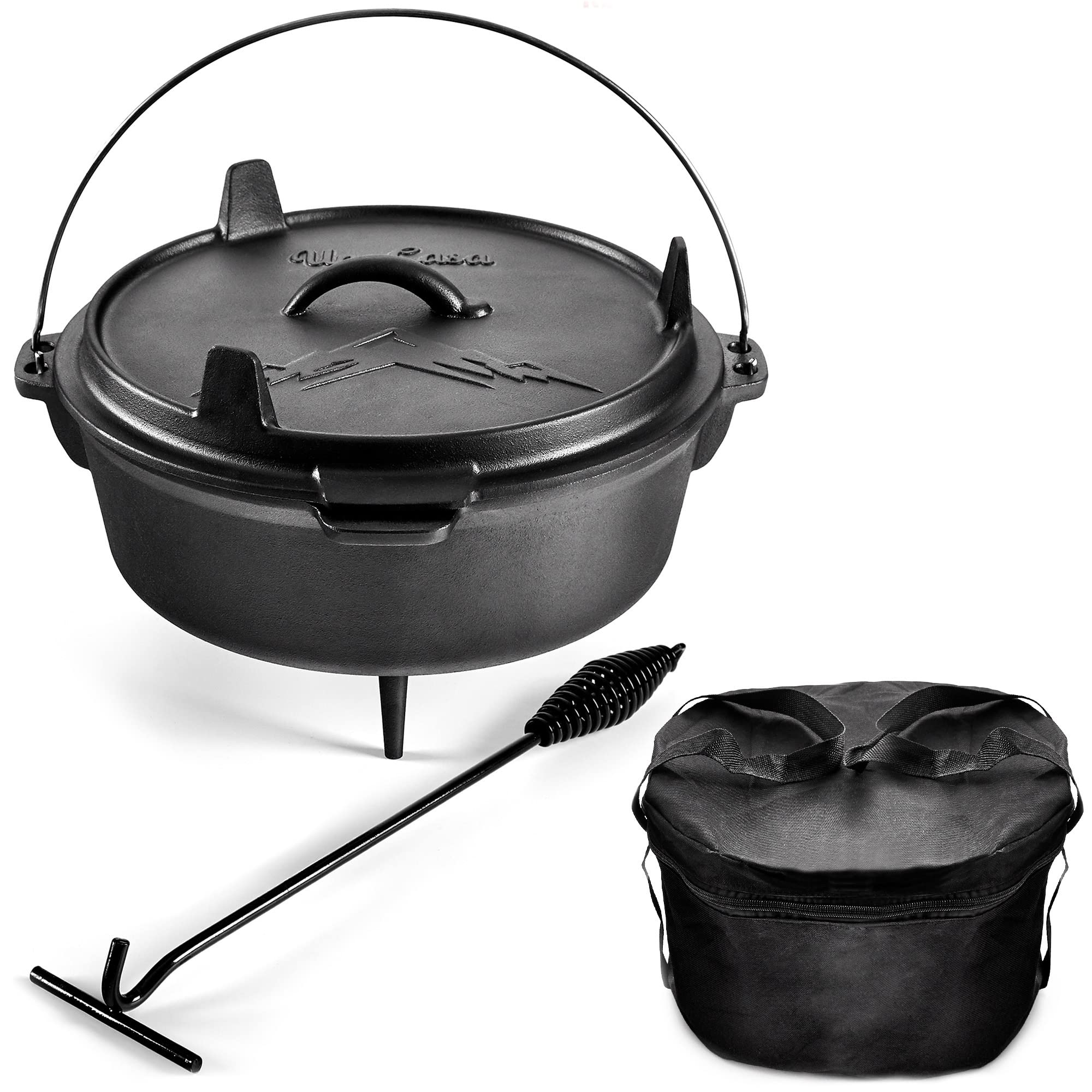 Photo 1 of Uno Casa 6Qt Cast Iron Camping Dutch Oven with Lid Lifter and Storage Bag - Pre-Seasoned Outdoor Dutch Oven for Campfire Cooking, Stews, and Baking - Durable Cast Iron Pot for Camping and Hiking