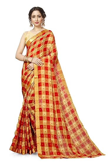Divaastha Gold:Red Georgette Chiffon Blend Checkered Saree with Blouse Piece (CCSFIDABOXGOLDRED)
