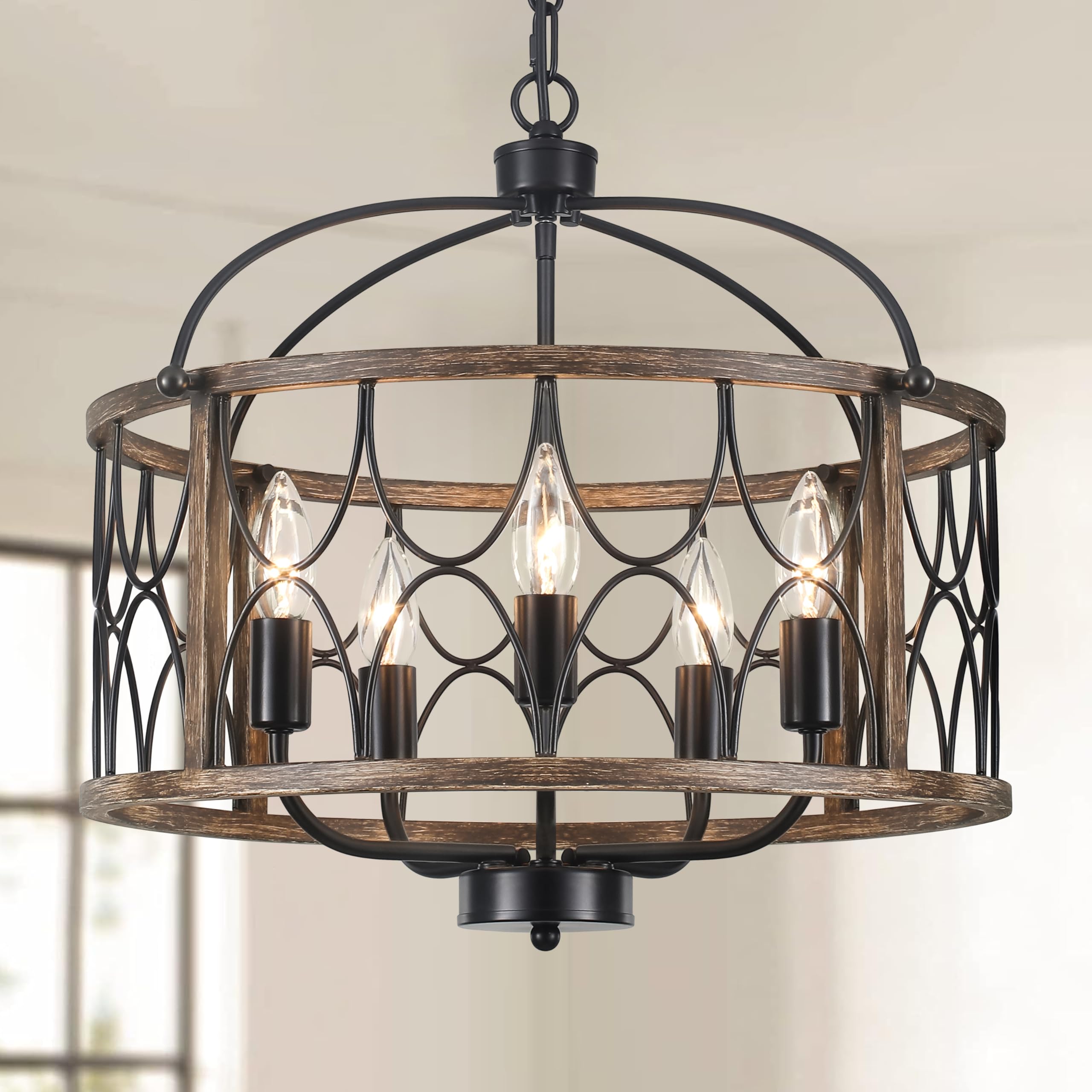 Picture of Farmhouse Chandelier, 17.7 inch Rustic Black Wood Texture Dining Room ...