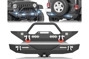 YZONA for JK Front and Rear Bumpers Compatible with 2007 2008 2009 2010 2011 2012 2013 2014 2015 2016 2017 2018 Jeep Wrangler JK JKU with Winch Plate, Bull Bar, LED Lights, 2" Hitch Receiver & D-rings