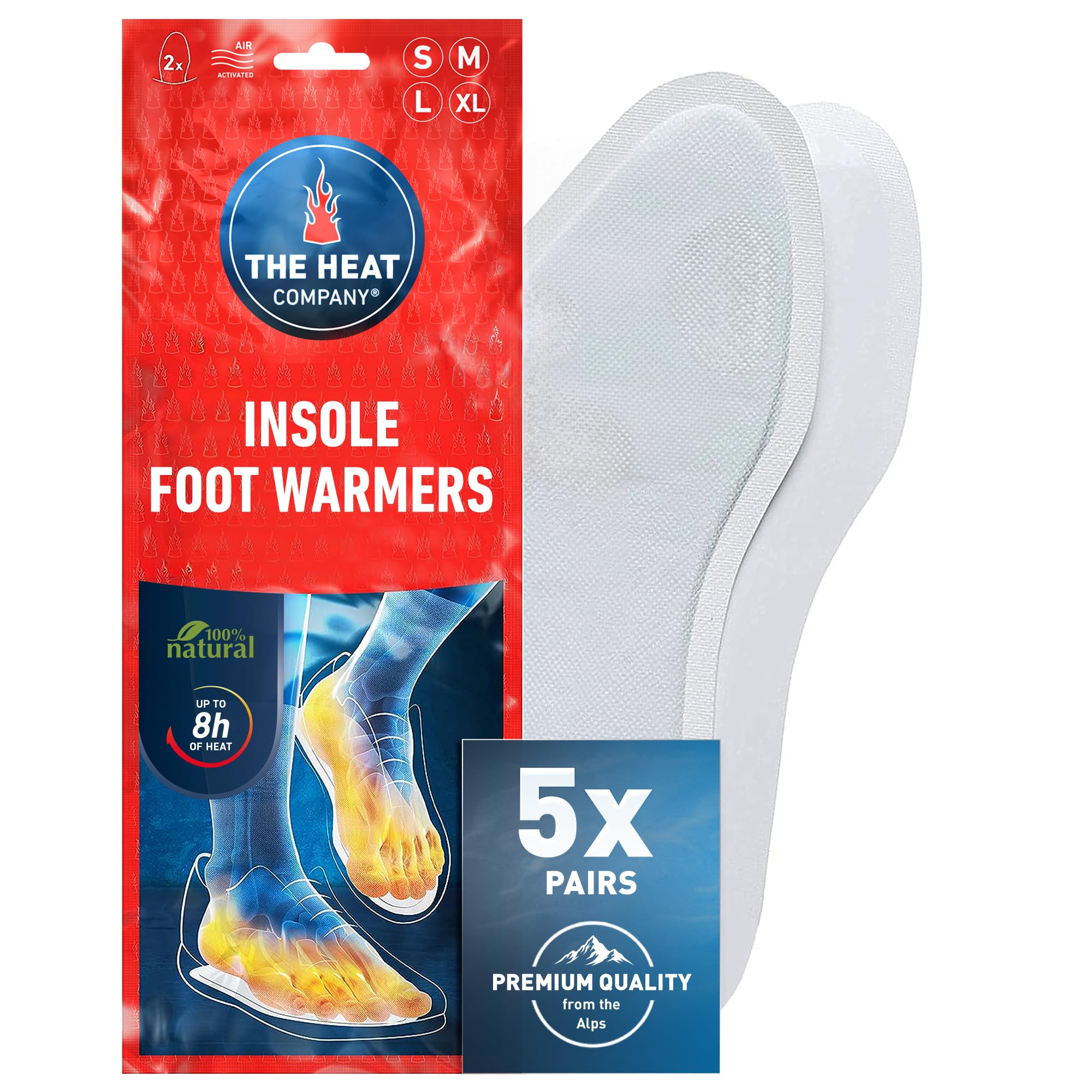 THE HEAT COMPANY Insole Foot Warmers - 5 Pairs - EXTRA WARM - 8 Hours of Warmth - Instant Heat - Air Activated - Purely Natural - Large Size: 7.5-9