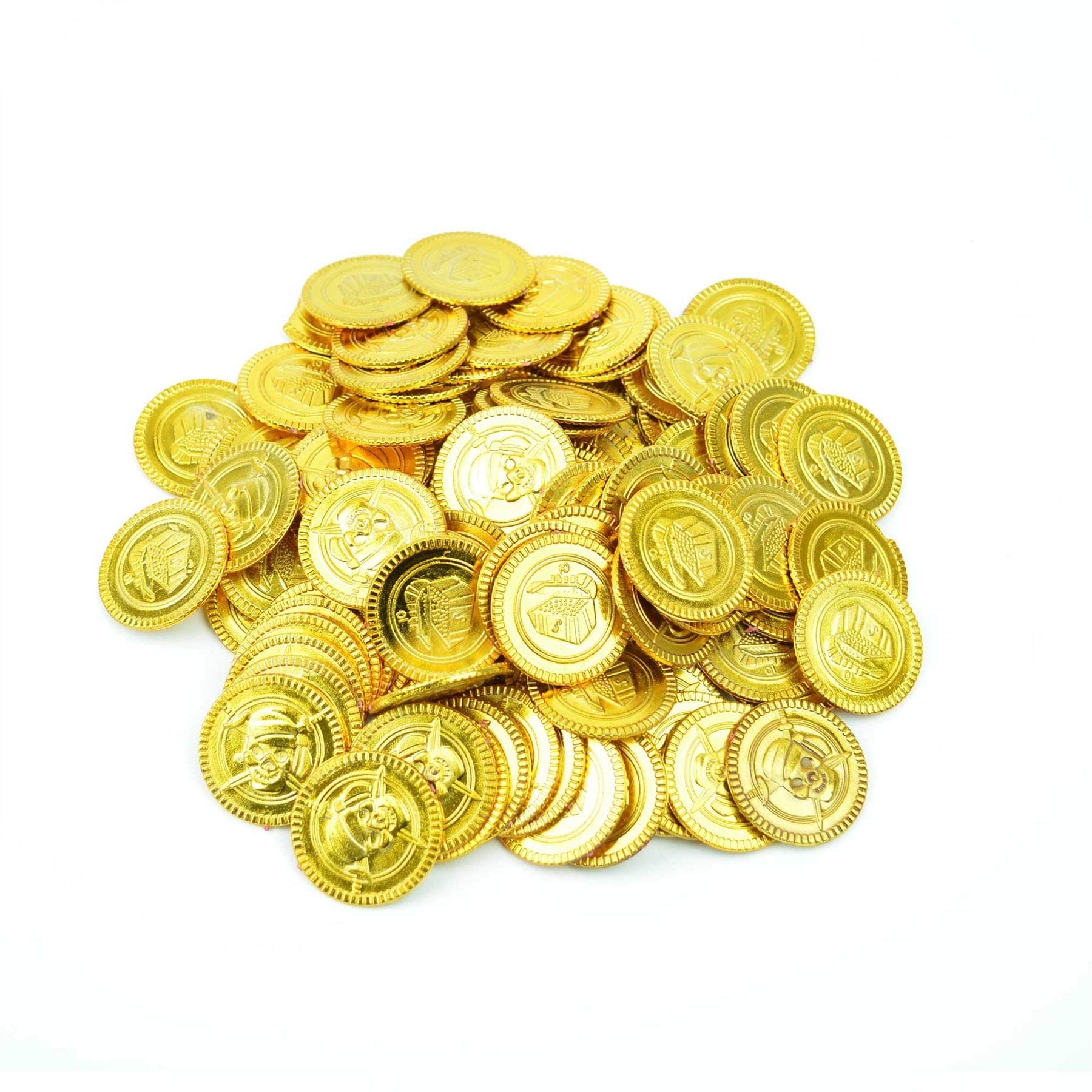 100Pcs Novelty Gold Coins - Pirate-Themed Play - Embossed Design and Shiny Gold Finish - Durable Plastic - Ideal for Treasure Hunts, Parties - Enhance Christmas Halloween