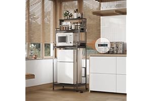 COCOLUCKY 4-Tier Mini Fridge Pegboard Stand with Storage,Mini Fridge Cabinet with Power Outlet,Bakers Rack with Storage Shelf,Microwave Oven Stand,Mini Fridge Shelf for Dorm(Black Wood Grain)