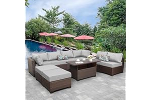 Lviden 9 Pieces Wicker Patio Furniture Set Outdoor PE Rattan Sectional Conversation Sofa Set with Grey Cushions and Storage Table