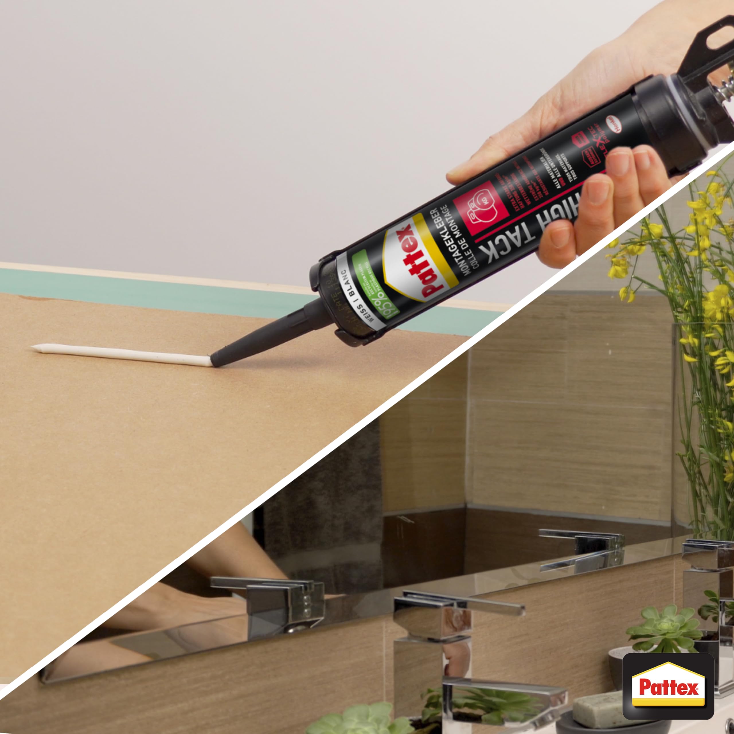 Pattex Montage High Tack, Montagekleber mit sehr starker Anfangshaftung, lösemittelfreier Baukleber für fast alle Materialien*, Klebstoff für innen und außen**, 1x511g Kartusche 6