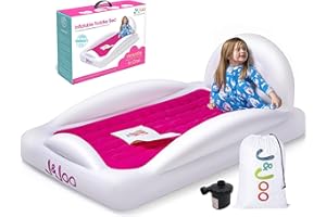 J&JOO Inflatable Toddler Travel Bed with Safety Bumpers & Backrest, Portable Kids Air Mattress for Travel, Camping or Hotels, Includes High Speed Pump, Pink, (Pink)