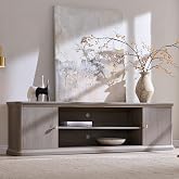 ALLTUFO Modern 70" TV Stand w/Storage, Wood Curved TV Console, Light Grey | Entertainment Center for TVs up to 80", Media Console w/Adjustable Shelves &amp; Cable Holes for Living Room, Bedroom