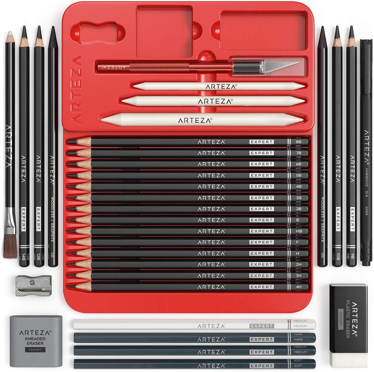 Arteza Drawing Set for Adults, Set of 33 Artist Sketching Tools, Includes 20 Graphite & 4 Charcoal Sketch Pencils, 1 Fineliner, 3 Blenders, 1 Sharpener, 3 Erasers & 1 Hobby Knife : Office Products