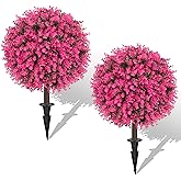 AOKIIE Set of 2 Artificial Pink Boxwood Topiary Ball Bush for Outdoor with Ground Spike 22", UV Resistant Faux Greenery Shrubs, Fake Pink&Green Boxwood Plants for Garden, Yard, Porch, Patio Decor