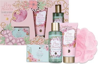accentra POSY OF FLOWERS Bath Gift Set 4 Pc Women Body Care Relaxation Tea Rose