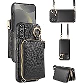 Furiet Wallet Case for Samsung Galaxy S25 Plus S25+ 5G with Shoulder Strap Ring Buckle, Luxury PU Leather Zipper Flip Organ Purse Card Holder Stand Full Body Cell Phone Cover for S25Plus 25S 25+ Black