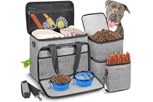 Abrimelodi 6 Set Dog Travel Bag, Large Pet Travel Kit for Supplies Includes 2 Food Containers, 1 Pet Organizer for Dogs, 2 Collapsible Bowls, 1 Treat Pouch, Dog Weekend Overnight Bag Luggage