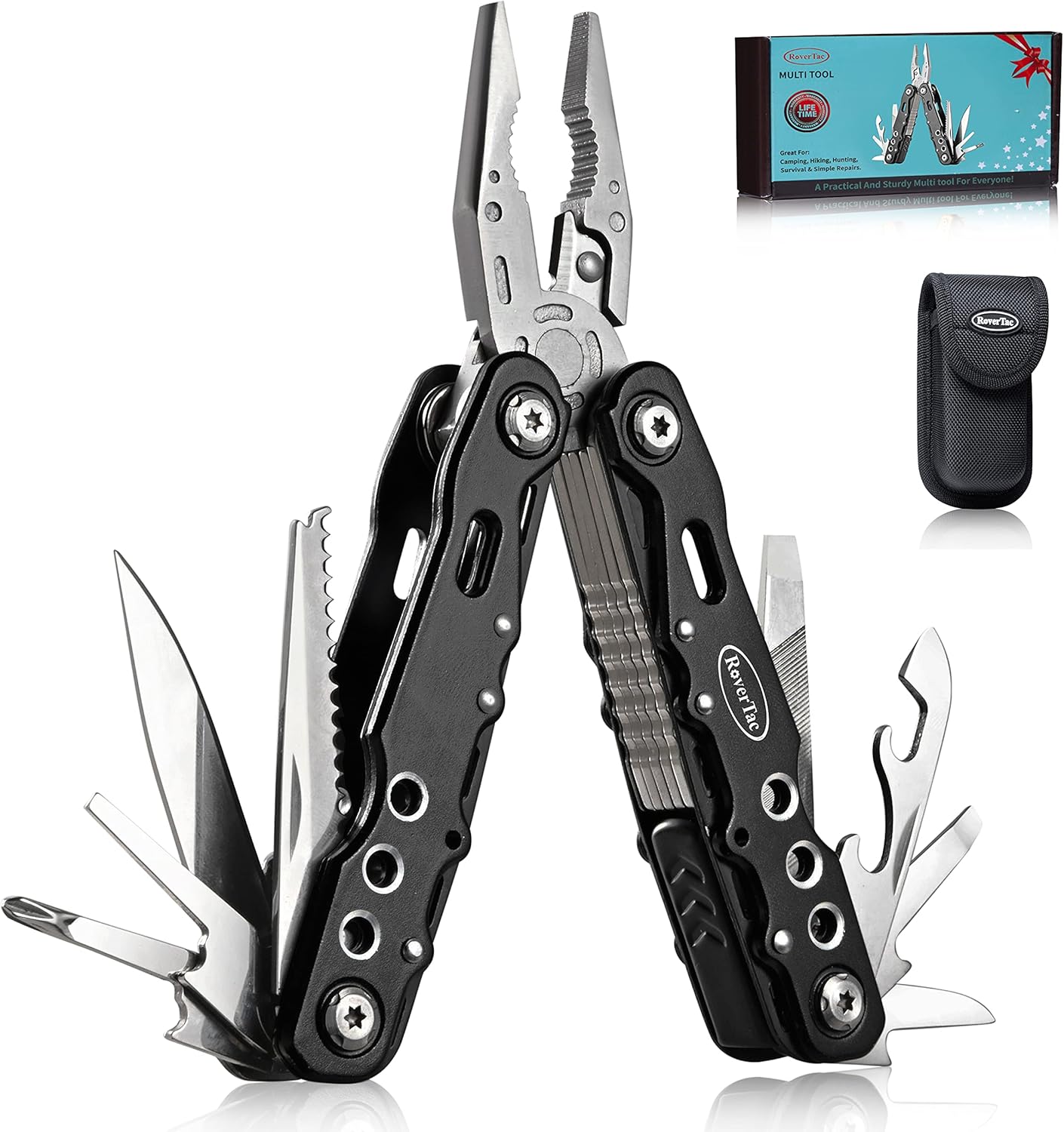 RoverTac Multitool Pocket Knife Camping Tool Fishing Pliers Safety Lock 12 in 1 Knife Screwdriver Bottle Opener Saw Durable Sheath Unique Gifts for Men Women - - 