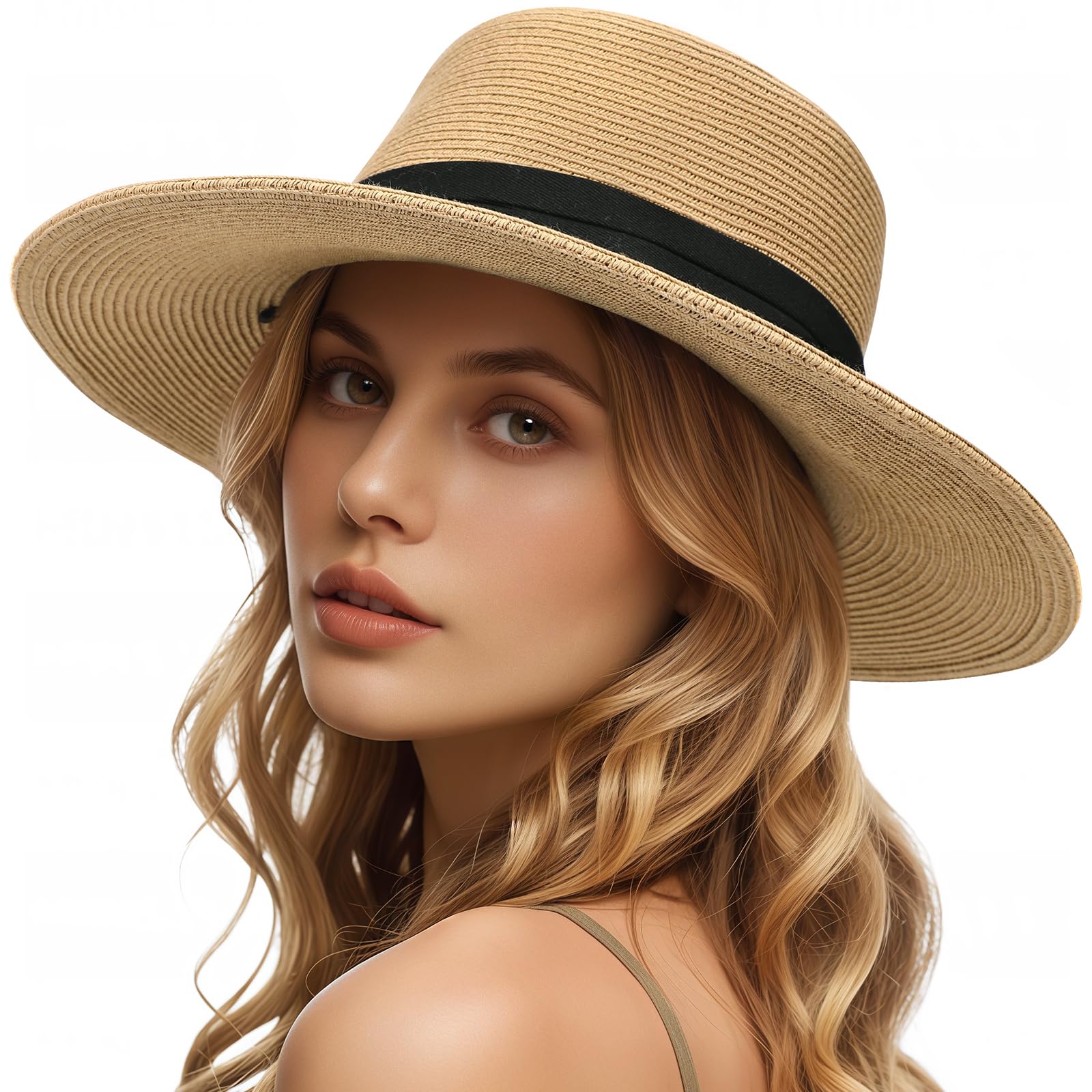Photo 1 of Beach Sun Straw Hats for Women, UPF 50+ UV Sun Protection Wide Brim Summer Straw Hat Foldable Packable Roll up Cap Khaki
