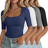 Neer 4 Pack Women's Half Sleeve Shirts Cotton Blend Elbow Length Tees Stretchy Square Neck Slim Fitted Casual Basic Tops