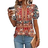 IECCP Womens Tops Puff Short Sleeve Shirts Dressy Casual Henley V-Neck Summer Tops Pleated T-Shirts Loose Fit Tunic Blouses