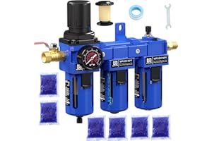 NEWPO 1/2'' NPT Compressed Air Filter Regulator Lubricator Combo with Pressure Gauge,Brass Filter and Desiccant Dryers,Semi-Auto Drain, Metal Bracket-Blue