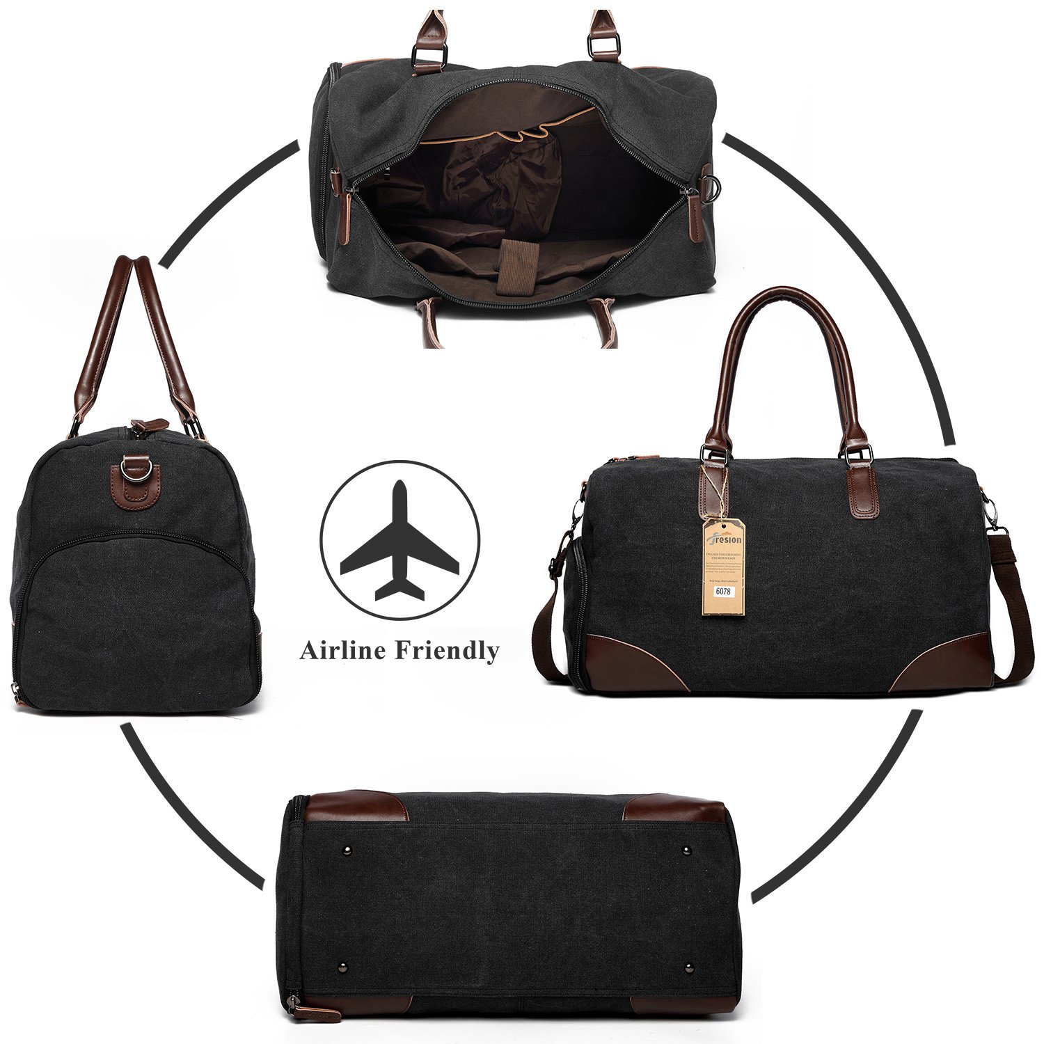 Fresion Canvas Leather Carry on Bag Weekender Overnight Holdall Tote Bag with Metal Buckle for Men with Shoe Pouch(Black)