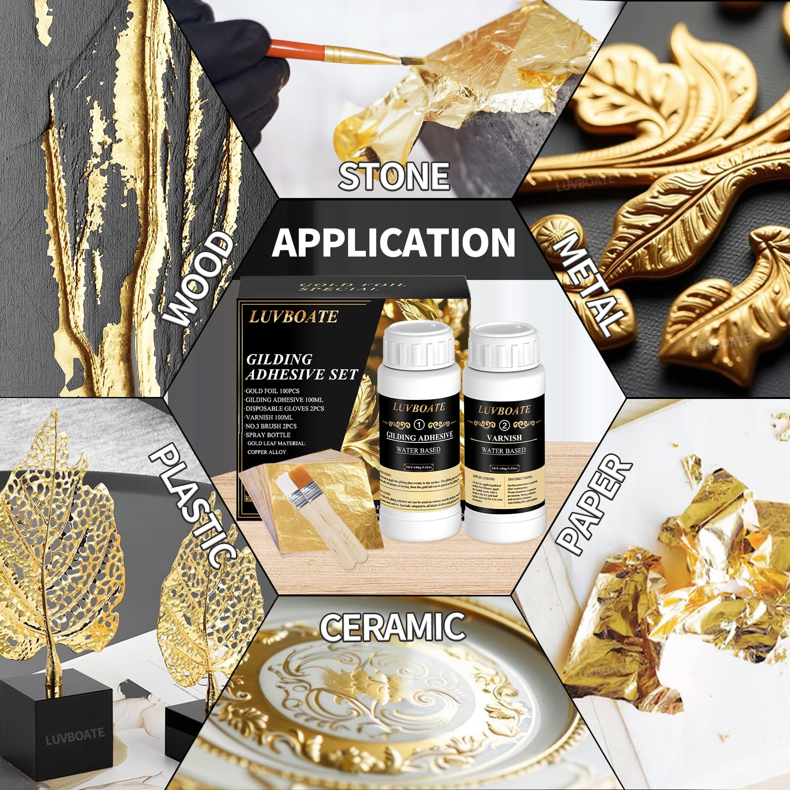 Gilding Adhesive Set, LUVBOATE Gold Leaf Kit, 3.53oz Water Based Adhesive and 3.53oz Varnish with Gold Leaf Sheet 100 pcs, Gold Foil Set for Arts, Craft, Painting, Furniture and Decoration