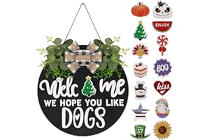 ROSECRAFT Interchangeable Wooden Seasonal Welcome Sign, Rustic Round Dogs Sign Front Door Wreaths for Home/Wall/Porch Decor, for Easter Spring Summer Fall Halloween Christmas All Season Decorations