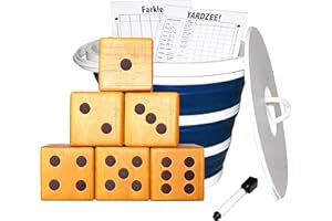 Jungle Gym Kingdom Yardzee & Yard Farkle Giant Wooden 6 Dice Set for Outdoor Fun Lawn Games Picnic Barbeque Party Tailgaiting & Special Events with Collapsible Bucket & Lid Scorecards & Markers - Blue