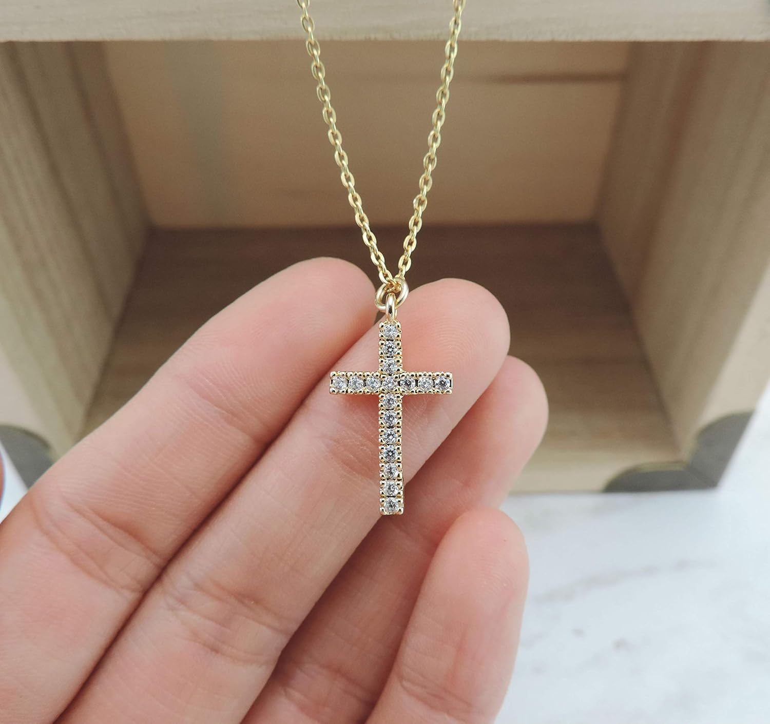 Gold CZ Diamond Cross Necklace 24K Gold on Sterling