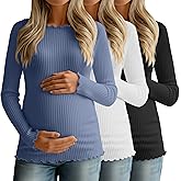 Sweetyweee 3 Pack Women's Maternity Ribbed Shirts Cotton Long Sleeve Pregnancy Tees Boat Neck Basic Tops Knit Clothes