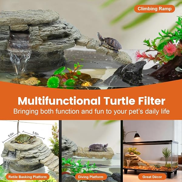 MIXJOY 130GPH TURTLE TANK FILTER, ULTRA-QUIET TURTLE FILTER WITH TURTLE BASKING PLATFORM, DETACHABLE BRIDGE FOR CLIMBING&DIVING, ADJUSTABLE FLOW, MULTI-LAYER FILTRATION, FILTER FOR TURTLE TANK, DECOR