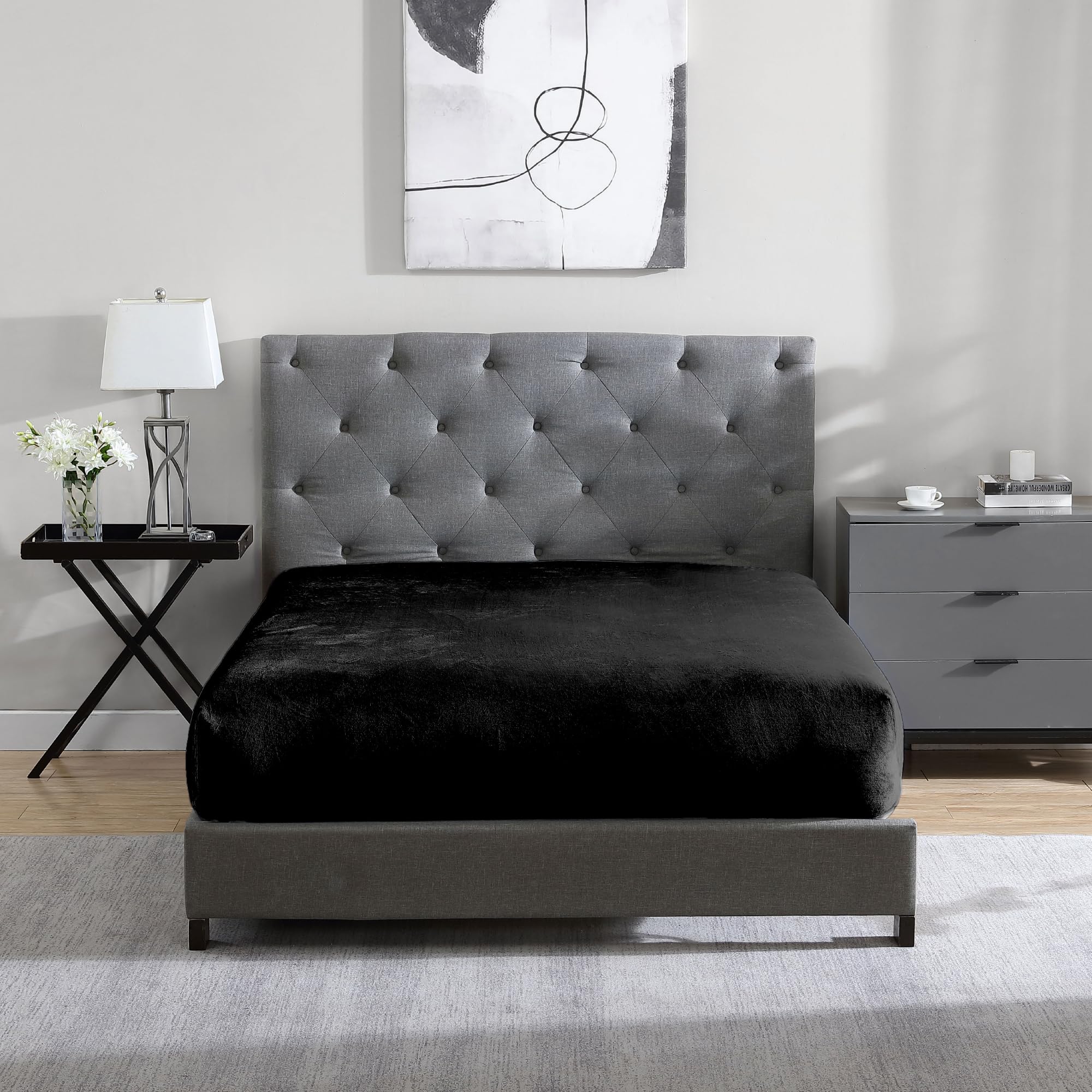 Photo 1 of Cathay Home Full Plush Fur Fitted Sheet - Ultra Soft & Thick Plush Fur - All Season Cozy Warmth - 12" Deep Pocket Fitted Sheet Only (Full, Black)