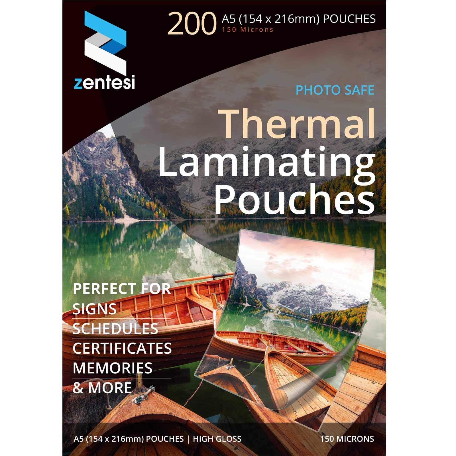 Zentesi A5 Laminating Pouches High Gloss Laminator Sleeves 150 Micron (75 + 75 Microns) Glossy Laminate Pouch Sheets - Pack of 200