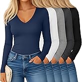 Yearntown 5 Pack Women's Long Sleeve V Neck Undershirts Slim Fit Basic Tee Shirts Ladies Stretchy Tight Layering Underscrubs