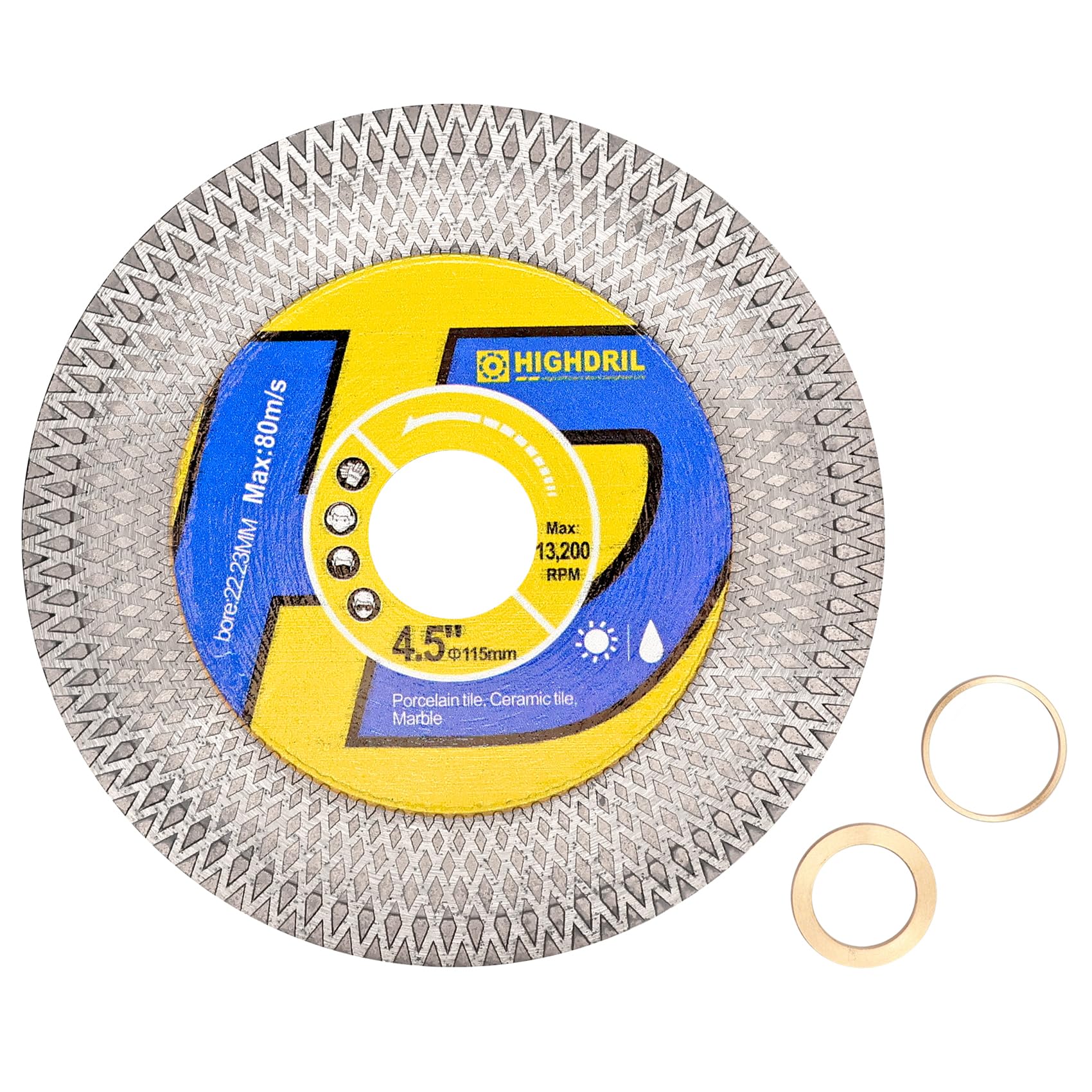 HIGHDRIL Tile Diamond Saw Blade Cutting Disc Wheel 4.5"/115mm for Dry/Wet Cutting & Grinding Porcelain Granite Marble Ceramic Artificial Stone — image 1