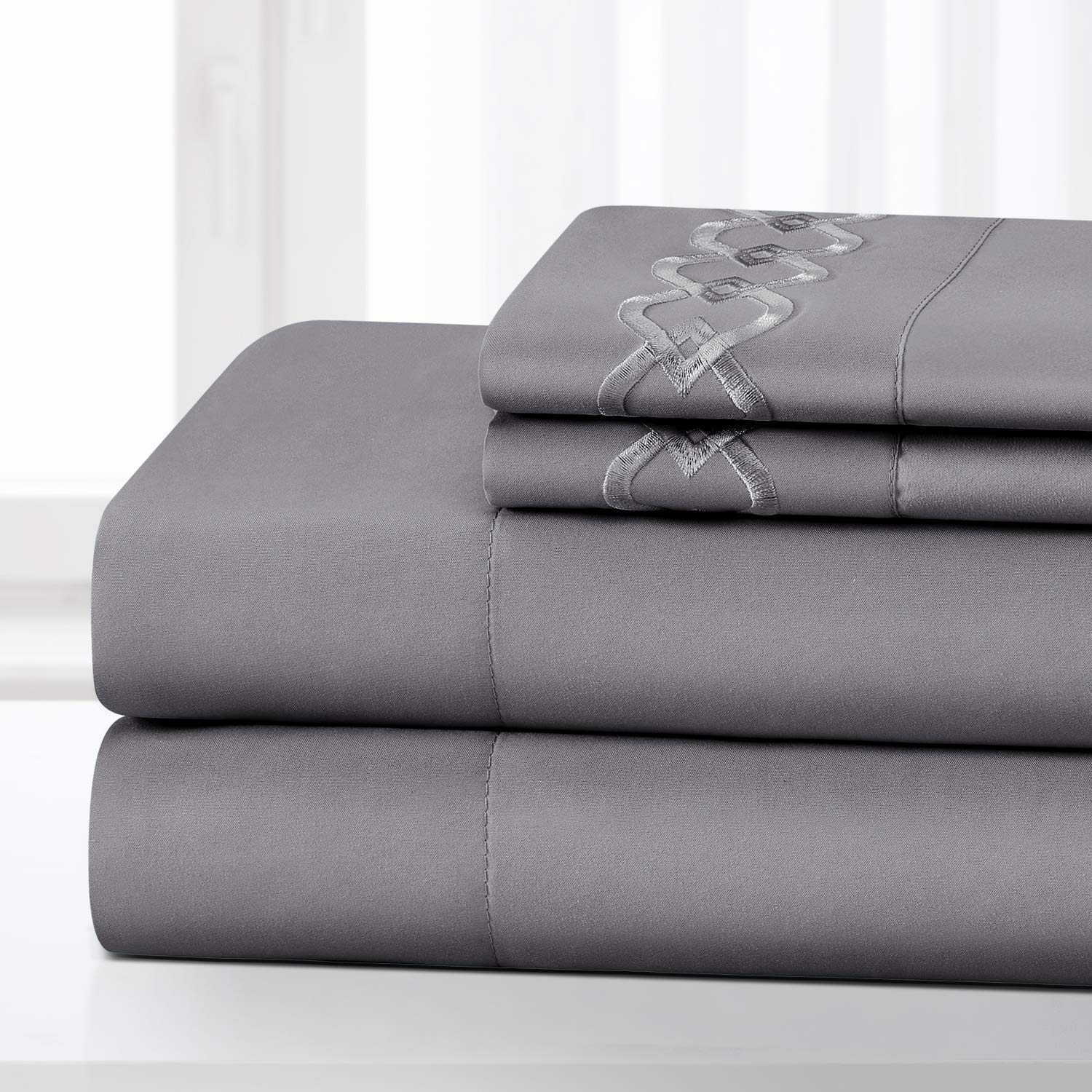 HOMEIDEAS 4 Piece Buckle Embroidered Edge Bed Sheets Set Extra Soft Brushed Microfiber 1800 Bedding Sheets Deep Pocket, Wrinkle & Fade Free (Double, Gray)