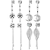 Loviflower 4 Pairs 10 mm Gauges Dangle Chain Tunnels Daily Valentine Bridal Plug Ear Gauges Leaf Moon Star Valentines Dangle Ear Tunnel Plugs Bridal Plug