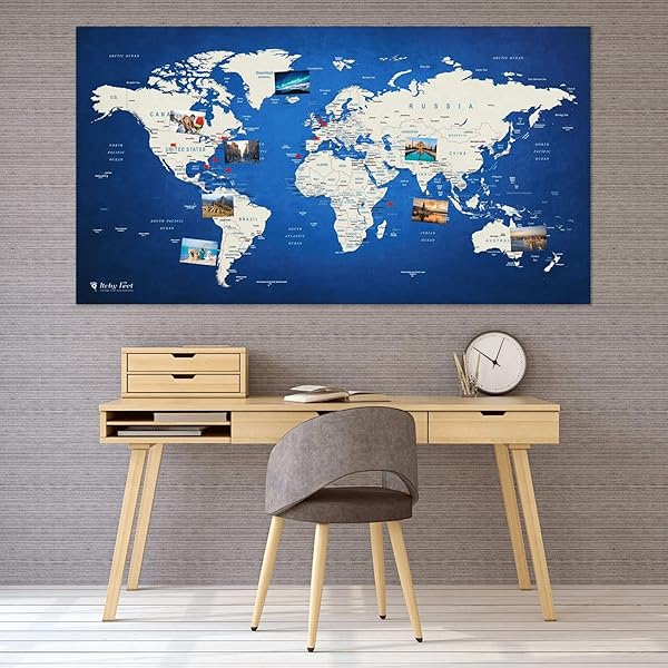 WORLD MAP XXL 51 X 28 INCHES IN ‘ERROR BLUE’, FLEECE WALL HANGING AS TRAVEL PIN BOARD IN MODERN WALL ART DESIGN, 20 FLAG PUSH PINS INCLUDED
