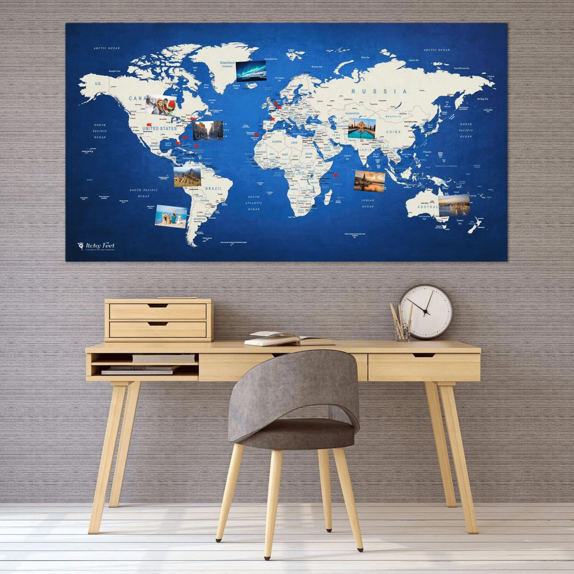 XXL World Map as Pin Board | Travel Destinations and Holidays | Map Made of Fine Fleece in Blue | 130 x 70 cm Includes 20 Flags