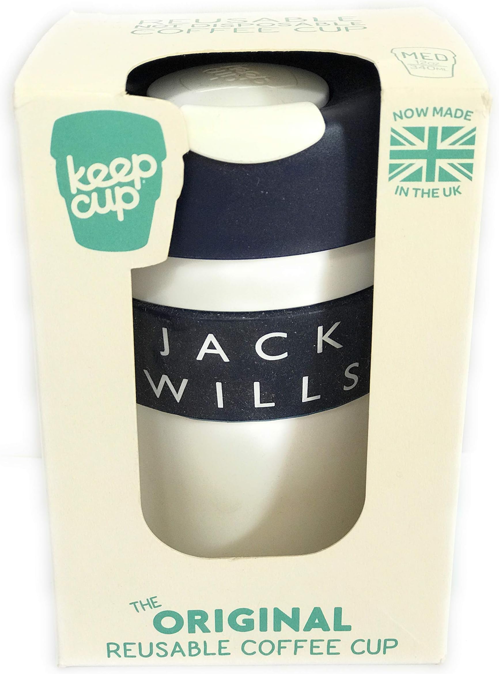 Jack Wills Reusable Coffee Cup Keep Cup, Blue and White, 12 fl oz /340 ml