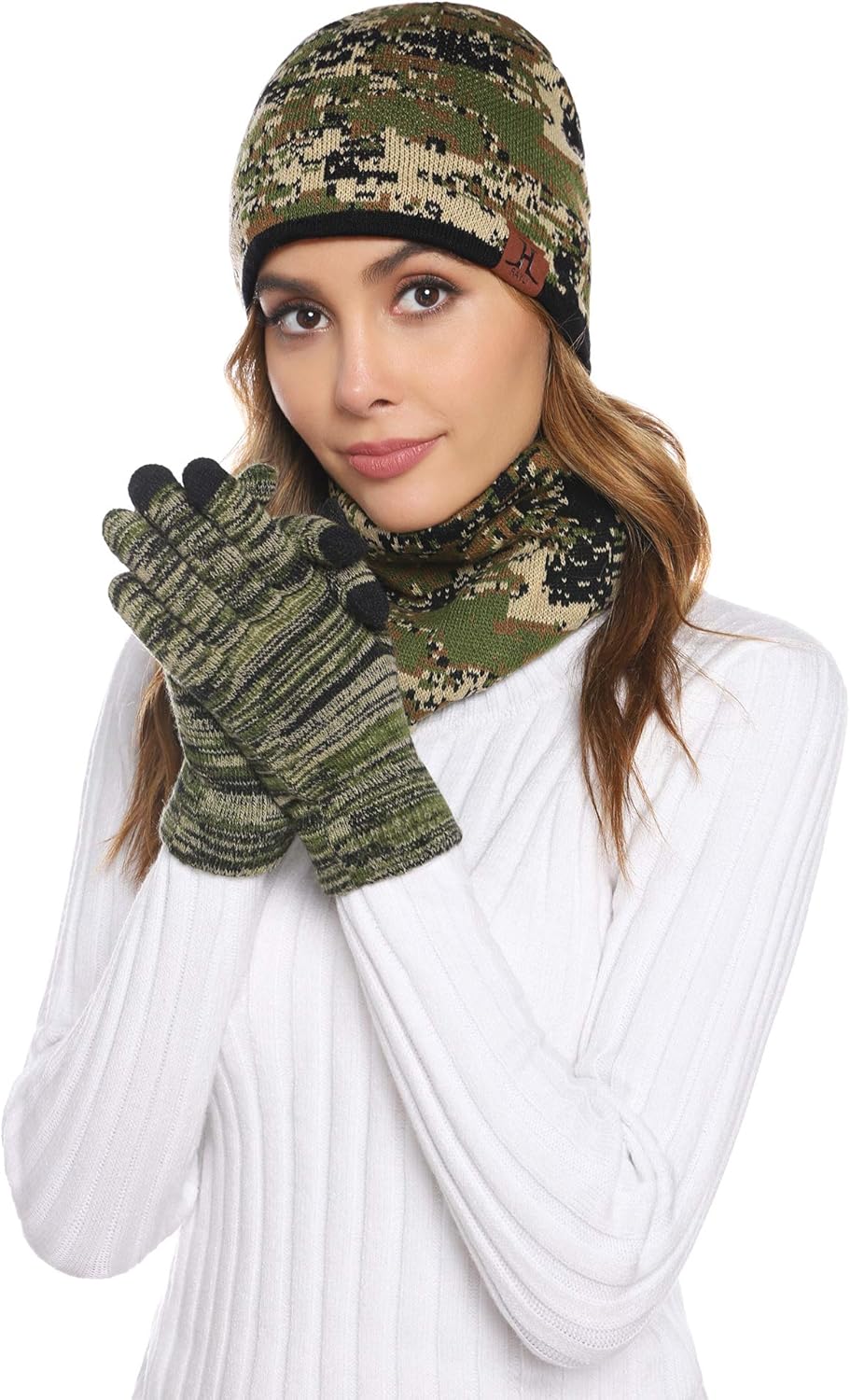 Abollria Hat Scarf Gloves Set for Women Knitted Camouflage Touchscreen Gloves Hat Scarf Amazon