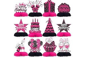 CELEE Hot Pink and Black Birthday Decorations – 12PCS Honeycomb Table Centerpieces for Girls Teens Women – Happy Birthday Table Decor Party Supplies