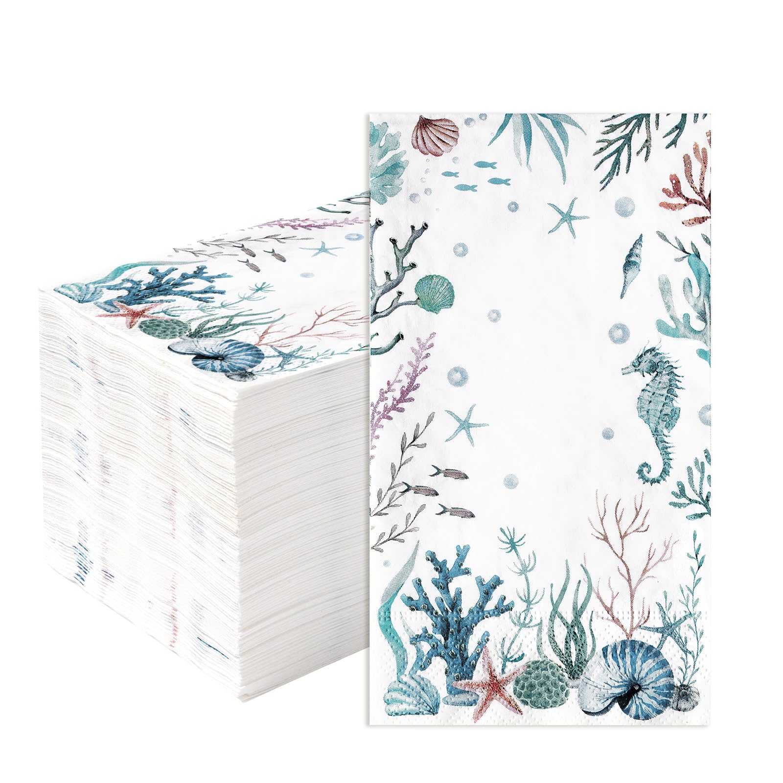 Photo 1 of 100Pcs Coastal Paper Napkins 3 Ply Watercolor Ocean Blue Sea Horse Coral Starfish Disposable Absorbent Hand Towels Summer Beach Cocktail Napkin for Nautical Birthday Dinner Bathroom Party Supplies