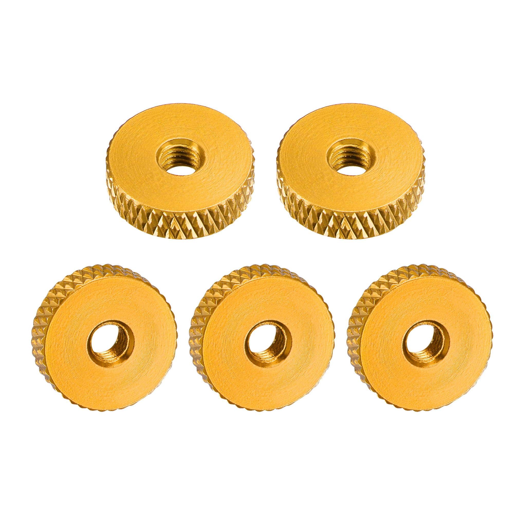 sourcing map Flat Knurled Nut - M4 x 14mm x 4mm Thumb Nuts Lock Adjusting Nuts Aluminum Alloy Golden 5Pcs
