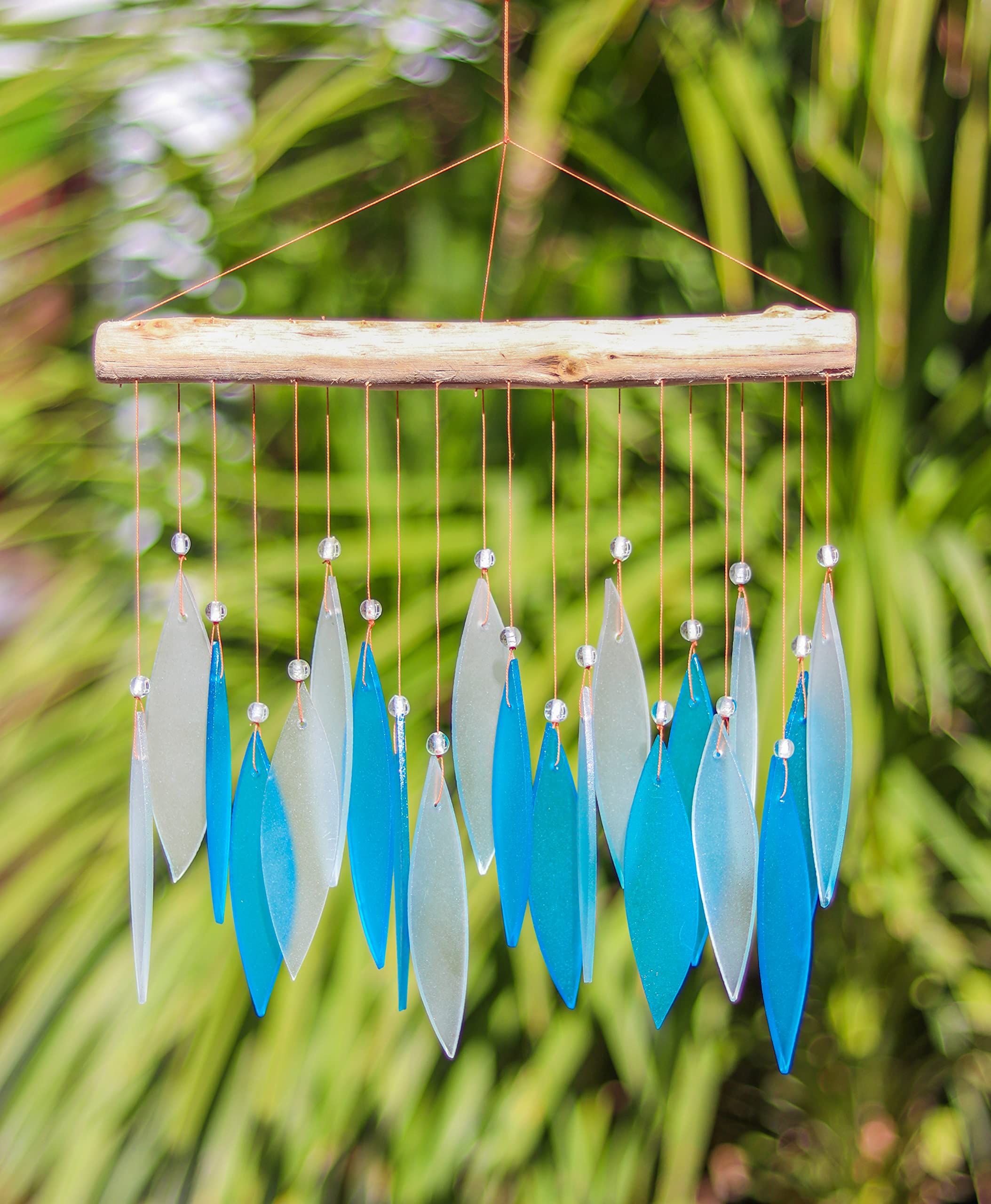 Sparkling Blue Glass Wind Chime Recycled Glass and Bamboo Driftwood Garden Chime Hanging Outdoors Indoors Multicoloured Fairtrade Eco Friendly Handmade Fairtrade