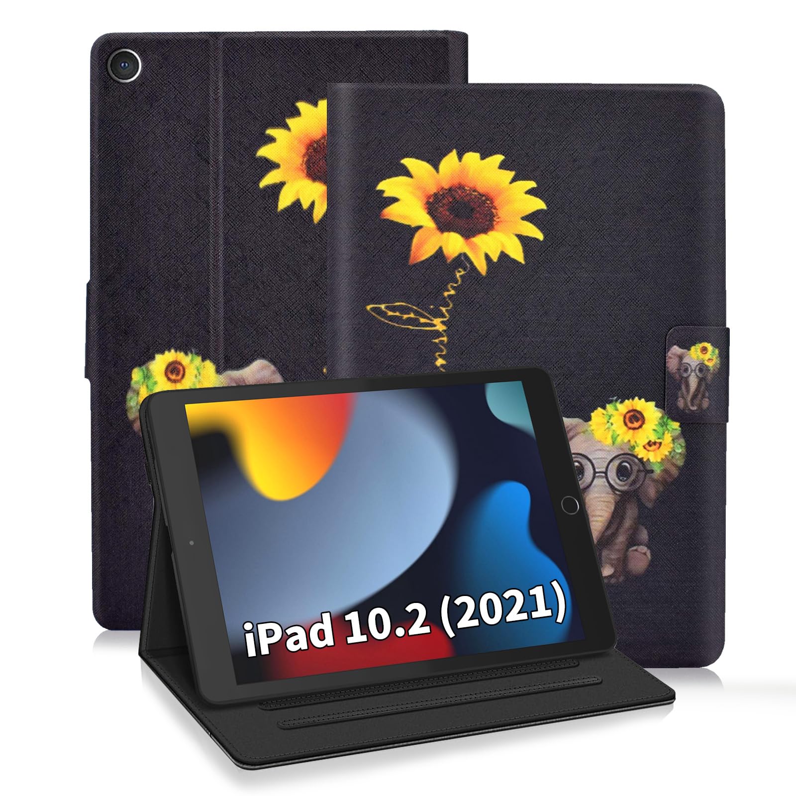 Cases for iPad 10.2 inch 9th/ 8th/ 7th Generation (2021/2020/2019)/ iPad Air 3 10.5 Inch 2019 / iPad Pro 10.5 Inch 2017, Cover with Auto Wake/Sleep Function with Built-in Pencil Holder–Daisy Elephant