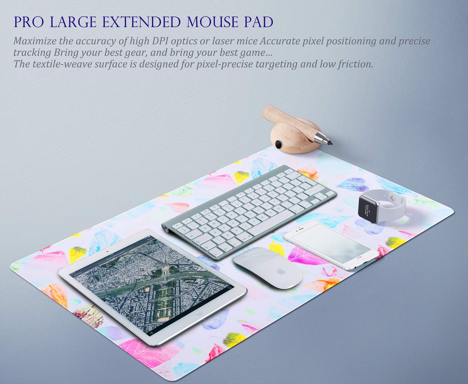 Large Gaming Mouse Pad Extended MousePads Keyboard Pad Water-Resistant Desk Pad, Full Desk Writing Mat with Non-Slip Stitched Edges XXL-Leaves Design