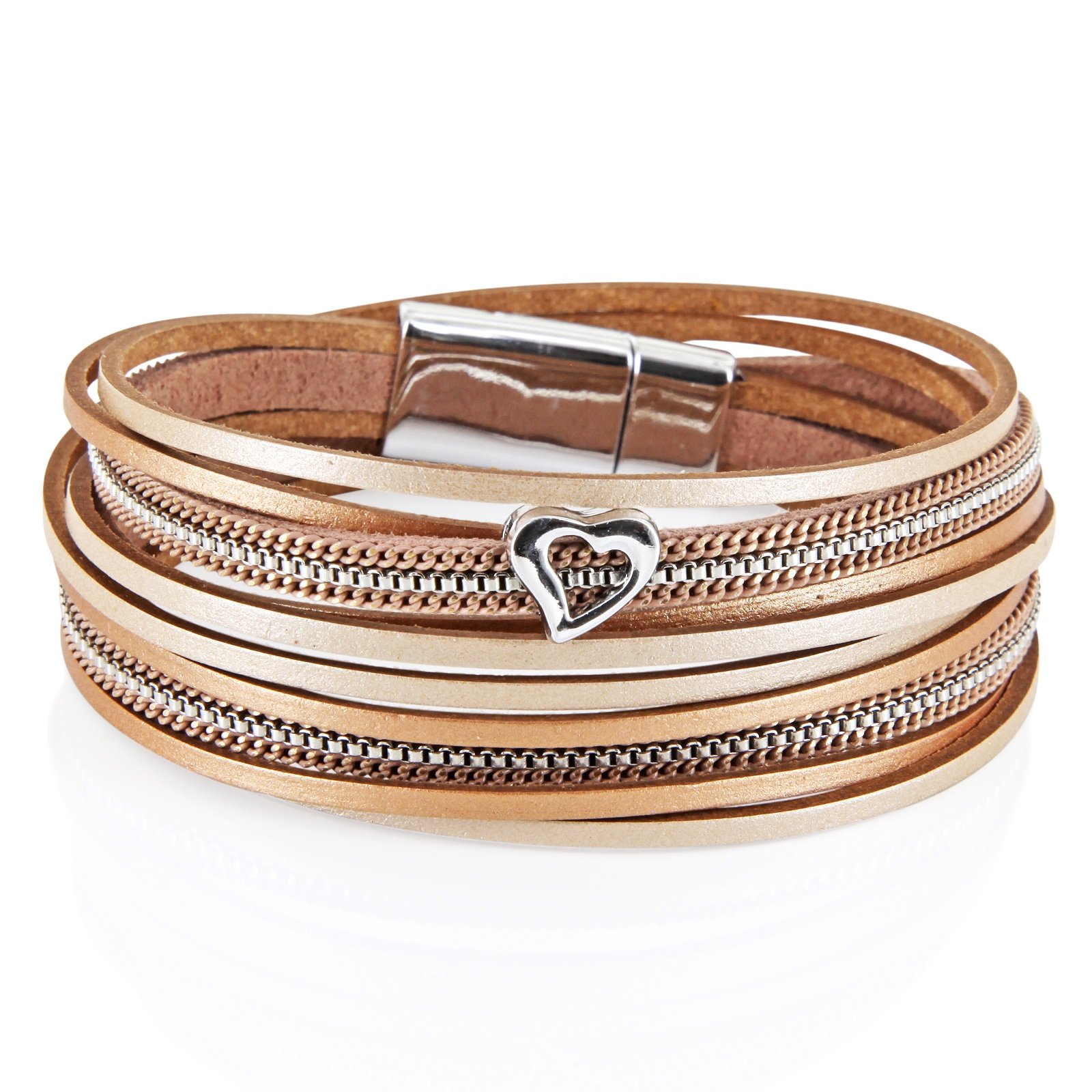 StarAppeal Women's Wrap Bracelet in Leather with Heart, Chain and Magnetic Clasp Silver, one size, Leather, Without Stone