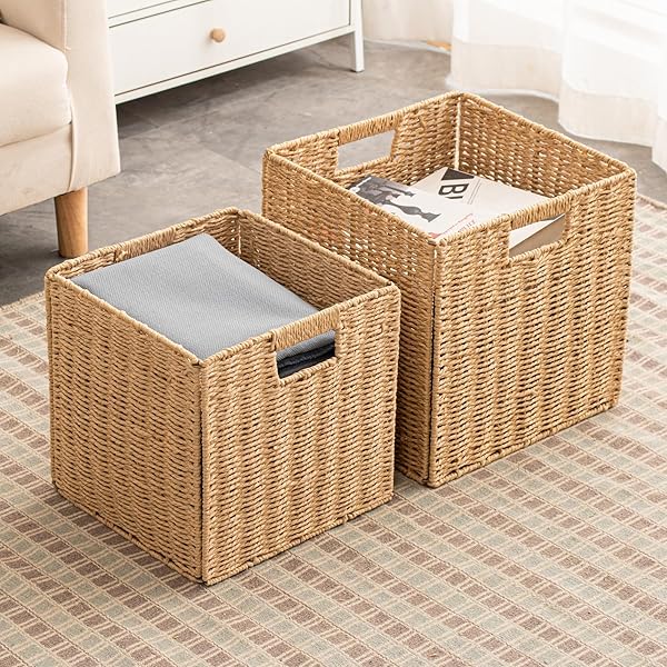 FOLDABLE STORAGE BASKETS WITH HANDLES PAPER ROPE STORAGE BASKETS RECTANGLE COLLAPSIBLE HAND WOVEN STORAGE CUBES BINS FOR ORGANIZING SHELVES LIVING ROOM BEDROOM PANTRY (4, 13” X 13” X 13”)