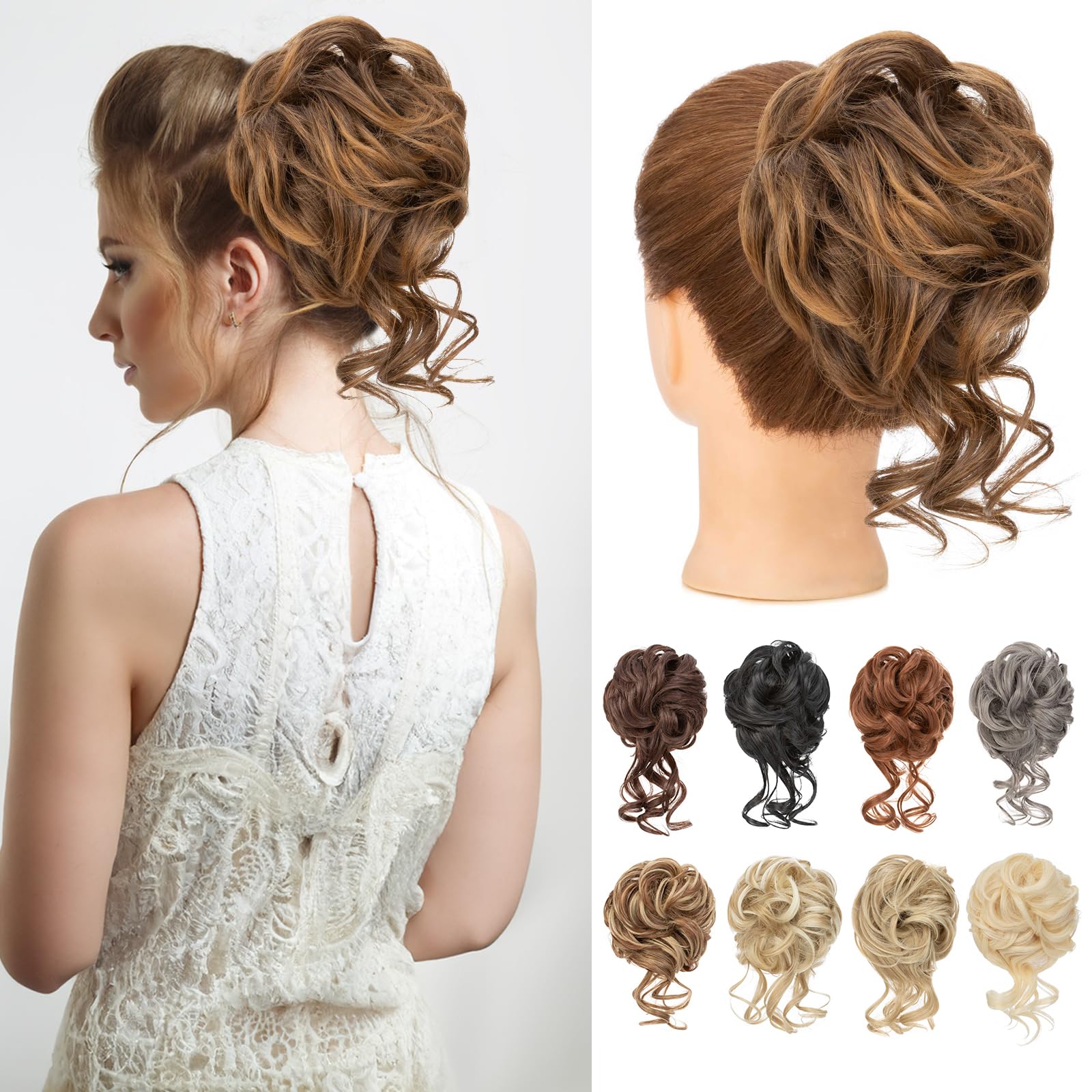 Benehair Messy Bun Hair Piece Wavy Curly Claw Clip Hair Bun Extensions Synthetic Hair Bun Donut Accessories Scrunchies Hair Pieces for Women(Brown with Light Brown, 75g)