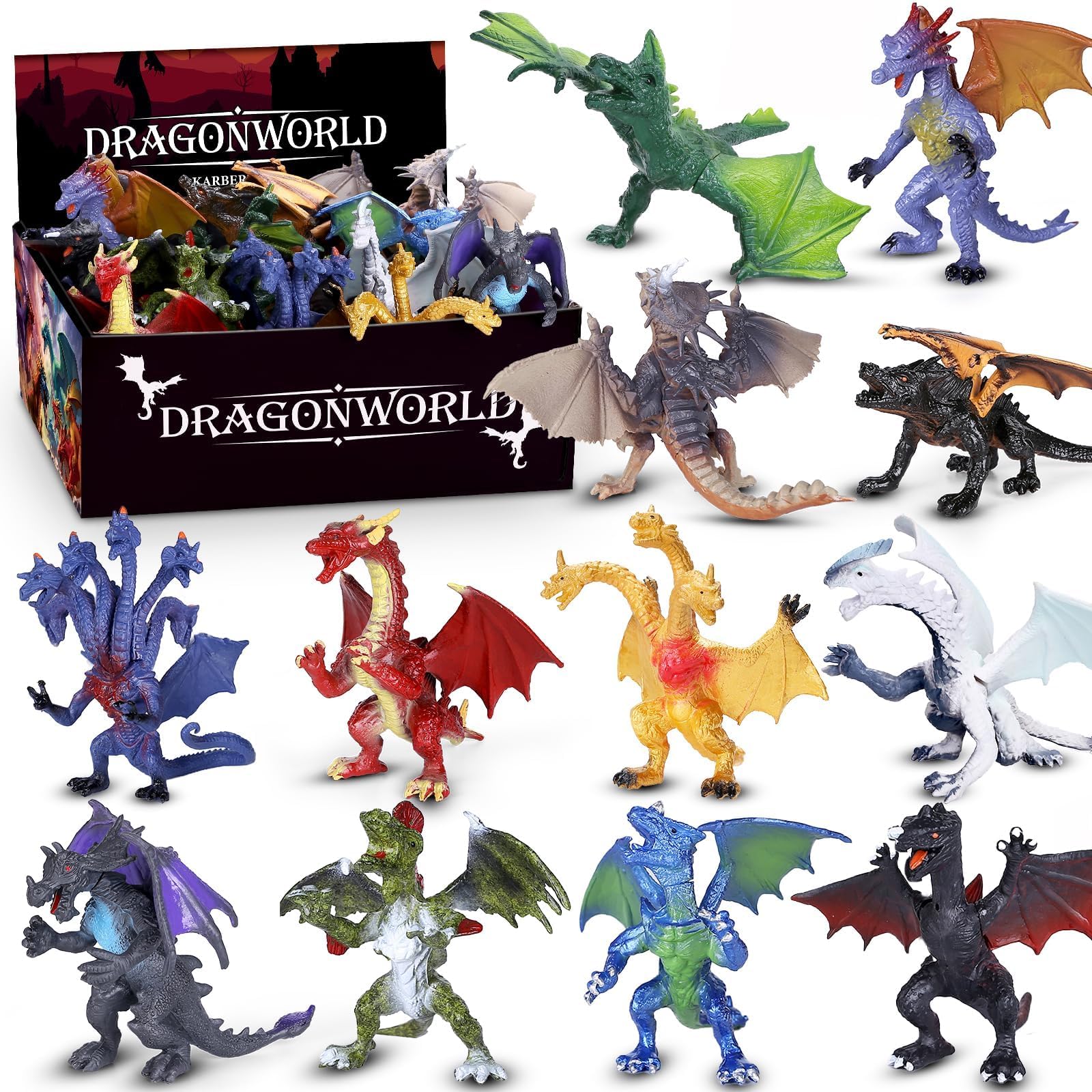 Photo 1 of KarberDark 12 Pcs Dragon Toy Set with Gift Box, 4 Inch Realistic Mini Dragon Figures for Kids 3-5, 5-7, Party Favors, Birthday Decorations, Cake Toppers, Collectible Figurines for Boys Girls