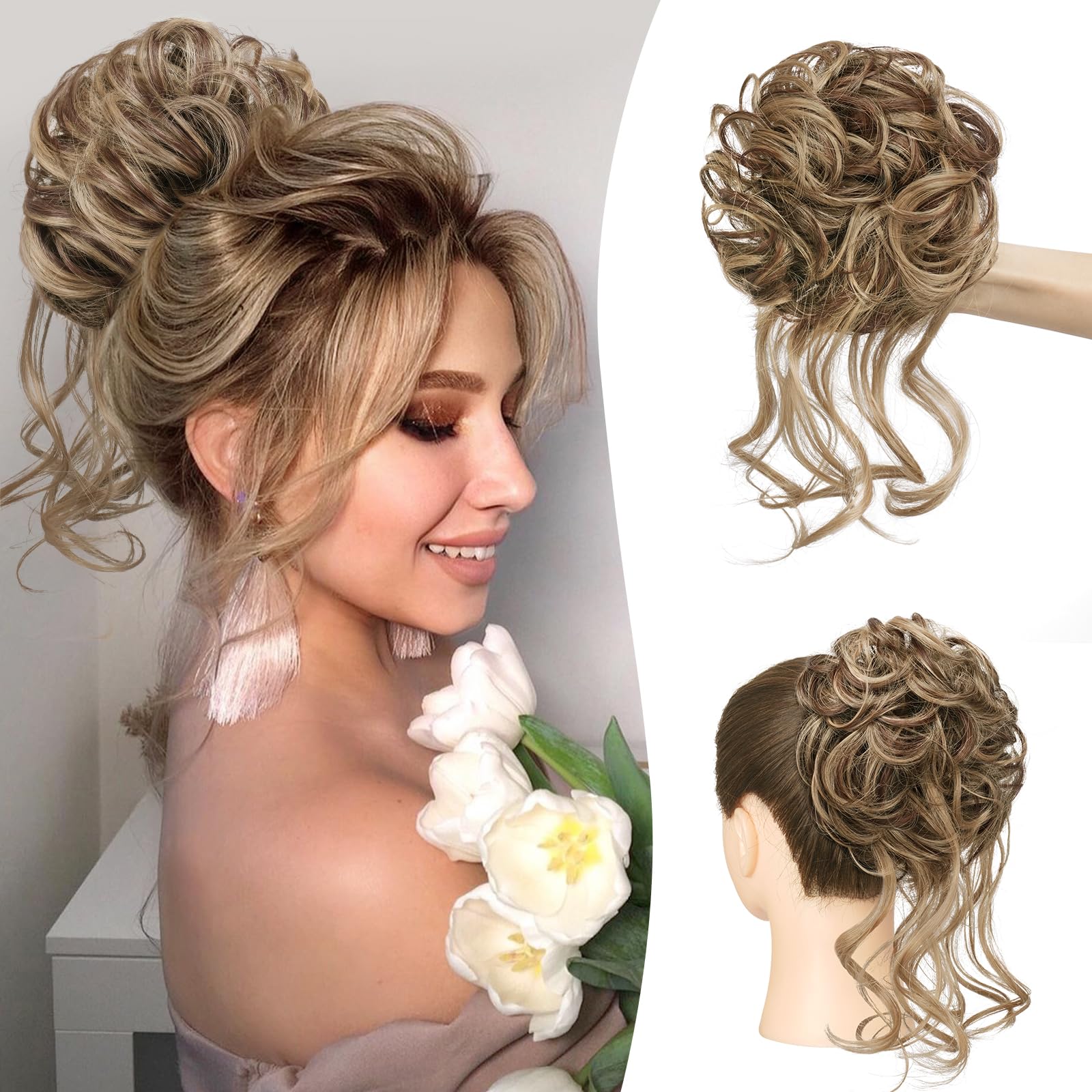 Sofeiyan Messy Bun Hair Piece Curly Wavy Hair Extensions Synthetic Tousled Updo with Tendrils Hairpieces Bun Donut Accessories Scrunchies for Women, Brown Mix Blond